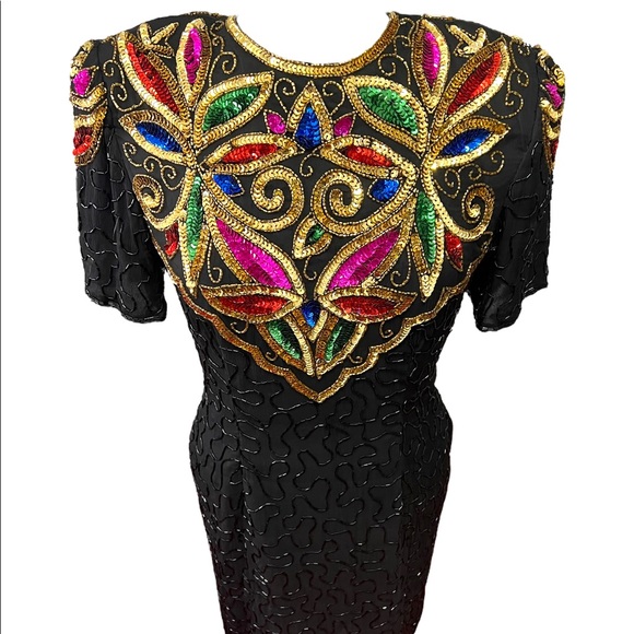 VINTAGE STENAY 1990s SILK AND SEQUIN BEADED BLACK COCKTAIL DRESS SIZE ME… - Picture 14 of 14